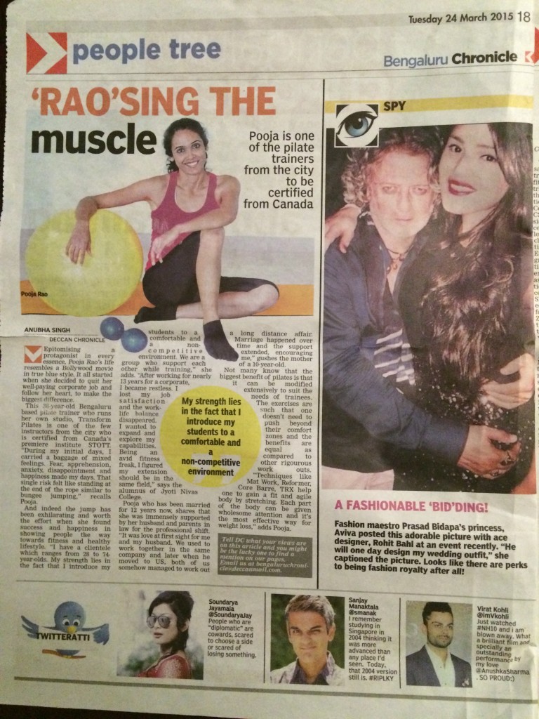 Transform Pilates, Pooja Rao in Deccan Chronicle